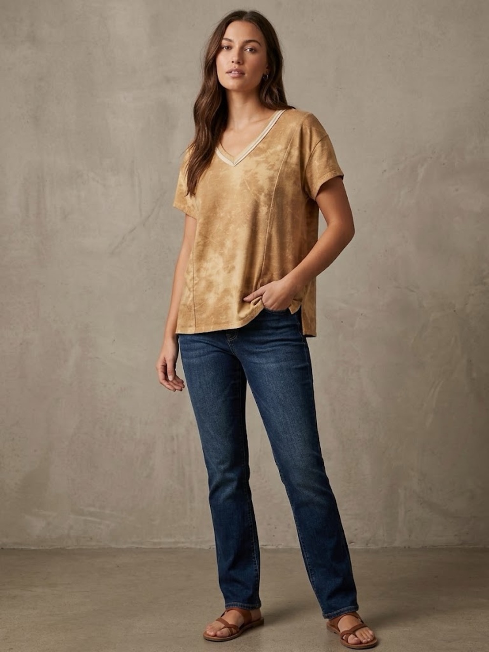 BKE Women's Short Sleeve V-Neck Tie-Dye Top in Brown